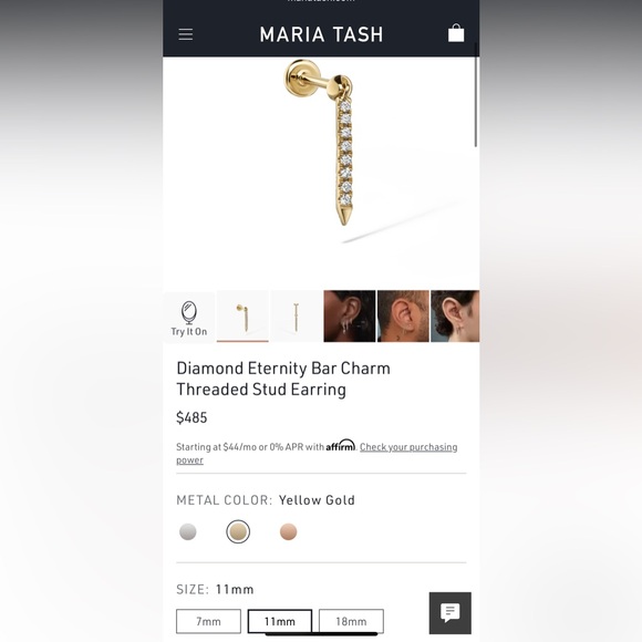 Maria Tash Diamond & Yellow Gold Eternity Bar Charm Threaded Stud Earring - Picture 1 of 11